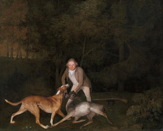 The gamekeeper of Earl of Clarendon with a dying doe and a dog - George Stubbs — artwork view