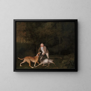 The gamekeeper of Earl of Clarendon with a dying doe and a dog - George Stubbs — framed artwork on a wall