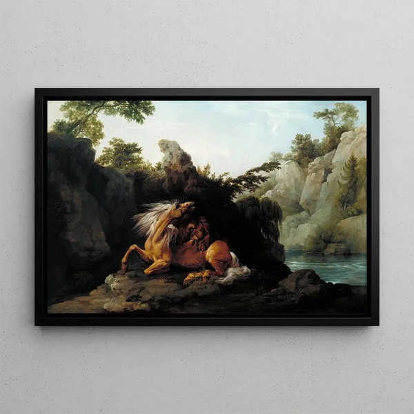 Horse devoured by a lion - George Stubbs — framed artwork on a wall