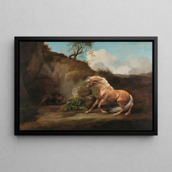Horse frightened by a lion - George Stubbs — framed artwork on a wall