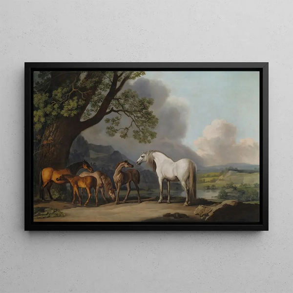 Mares and Foals in a Wide Landscape - George Stubbs — framed artwork on a wall