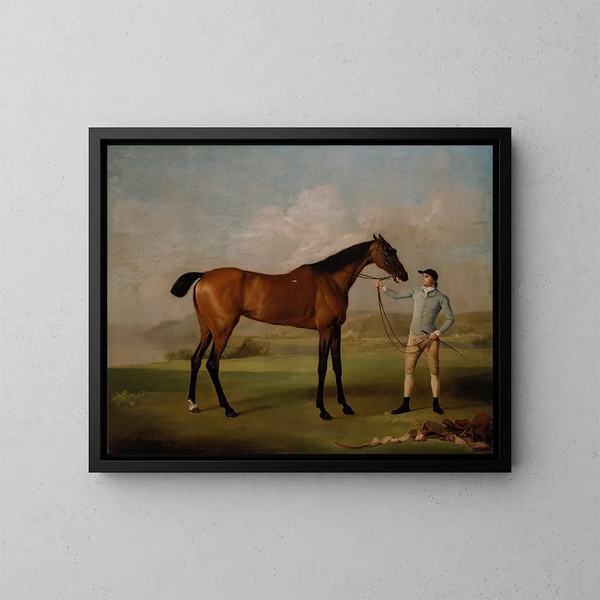 Molly Longlegs with her jockey - George Stubbs — framed artwork on a wall