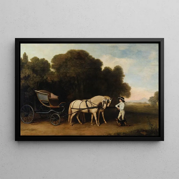 Phaéton with a pair of cream ponies and a stable boy - George Stubbs — framed artwork on a wall