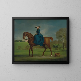 The Countess of Coningsby in hunting attire at Charlton - George Stubbs — framed artwork on a wall