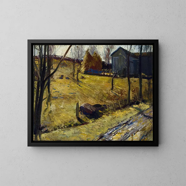 Hay bales and barn - George Wesley Bellows — framed artwork on a wall