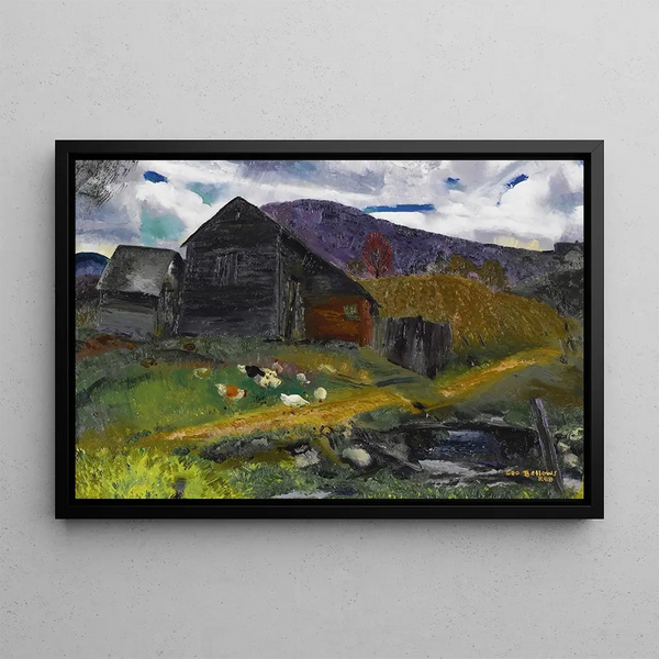 Old barn, shaded valley - George Wesley Bellows — framed artwork on a wall
