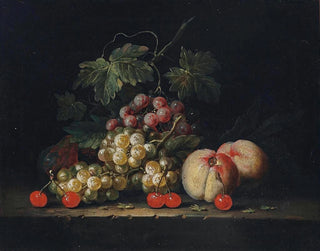 Raisins, peaches and cherries on a stone ledge - George William Sartorius — artwork view