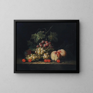 Raisins, peaches and cherries on a stone ledge - George William Sartorius — framed artwork on a wall
