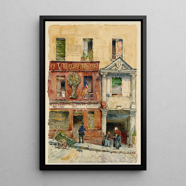 Street scene on Mouffetard Street, wine shop with Old Oak sign - Georges-Henri Manesse — framed artwork on a wall