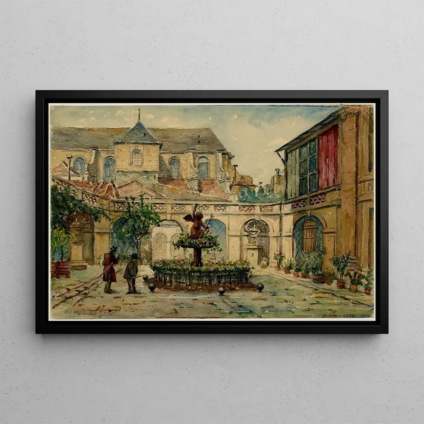 Interior courtyard painting of the Hesselin Hotel 24 Quai de Béthune - Georges-Henri Manesse — framed artwork on a wall