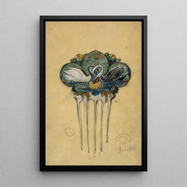 a preparatory drawing for a comb decorated with swans and water lilies - Georges Callot — framed artwork on a wall