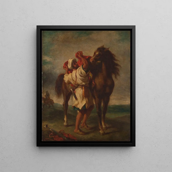 Arab painting sealing his horse - Georges Dété — framed artwork on a wall