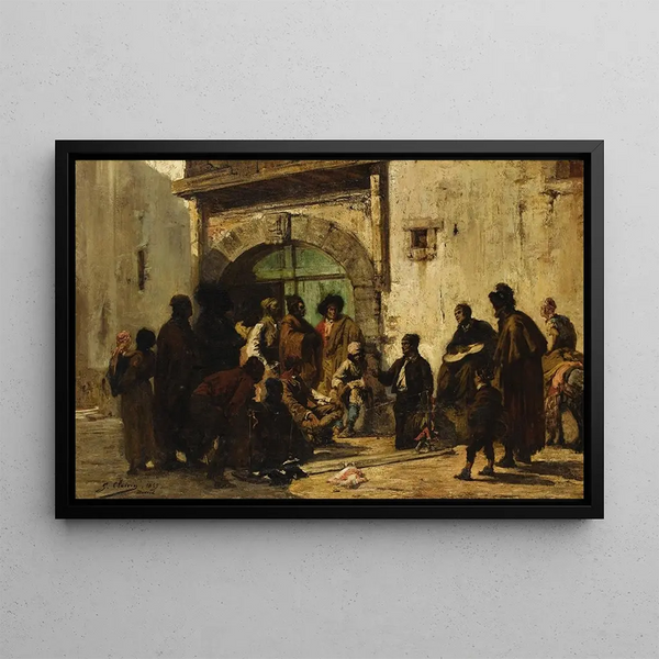 Spectacle de marionnettes dans une rue espagnole - Georges Jules Victor Clairin — framed artwork on a wall