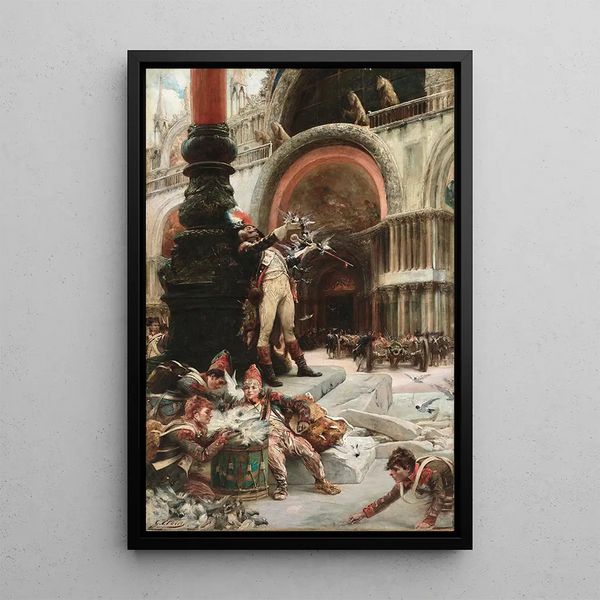 Tambour-major de l'armée française donnant à manger aux pigeons de la place Saint-Marc Venise - Georges Jules Victor Clairin — framed artwork on a wall