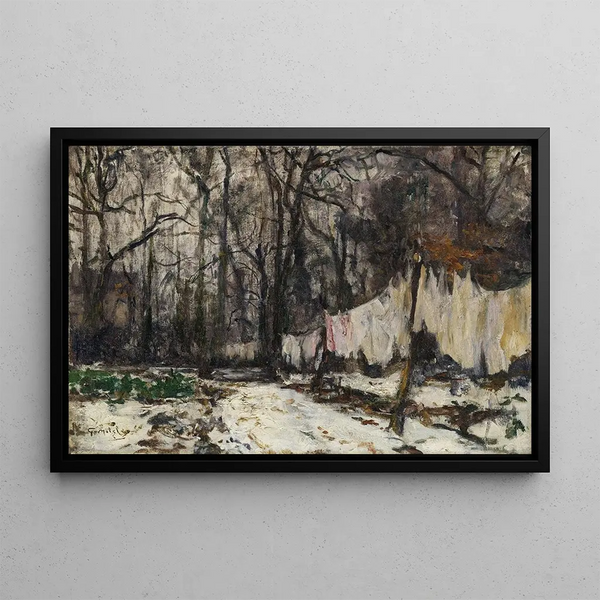 Trees of the park with hanging laundry - Georges Moteley — framed artwork on a wall