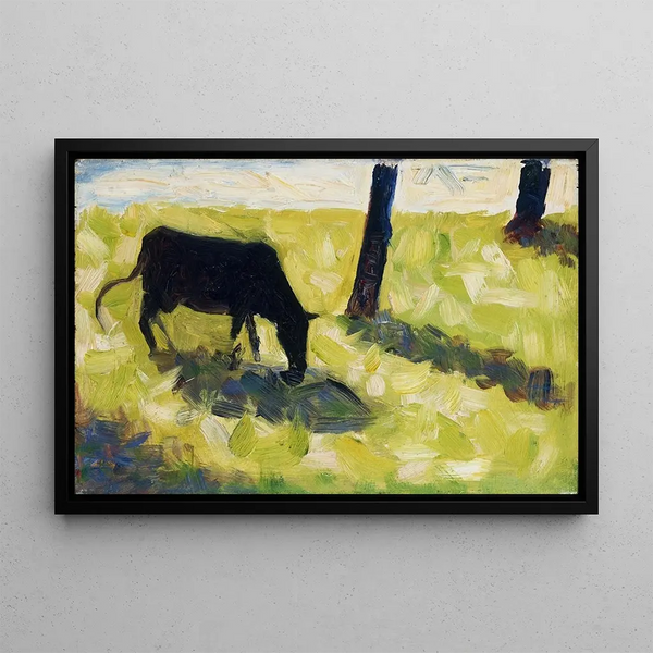 Black Cow in a Meadow - Georges Seurat — framed artwork on a wall