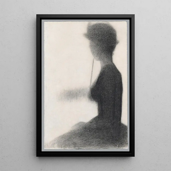 a seated woman with an umbrella - Georges Seurat — framed artwork on a wall
