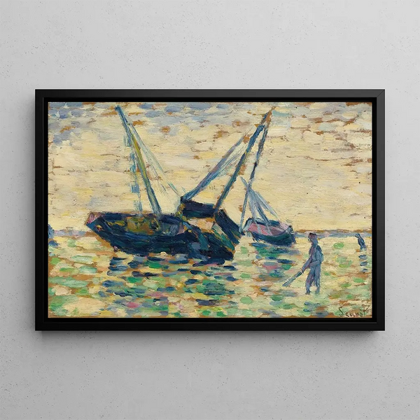 Three boats and a sailor study for L'échouage Grandcamp - Georges Seurat — framed artwork on a wall