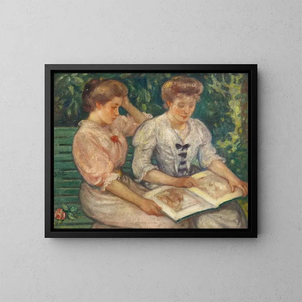 Blanche Viau and Alice Viau, two young girls reading on a bench - Georges d'Espagnat — framed artwork on a wall