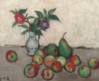 a Still life with flowers in a blue and white vase, apples, and pears on a table - Georges d'Espagnat — artwork view