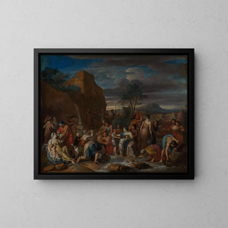 Moses Strikes the Water from the Rock - Gerard Hoet — framed artwork on a wall