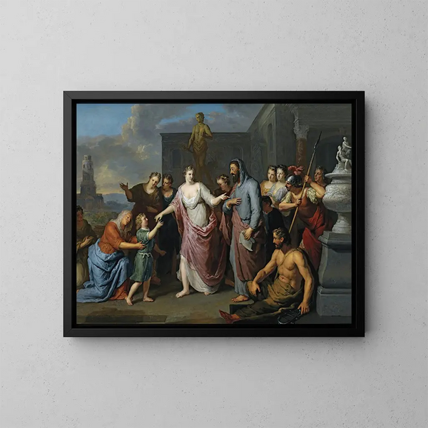 Olympia presenting the young Alexander the Great to Aristotle - Gerard Hoet — framed artwork on a wall