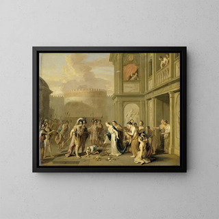 Cleopatra offering wine to Alexander the Great after his conquest of Mazaka - Gerard Hoet — framed artwork on a wall