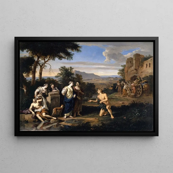 Ulysses and Nausicaa in an Arcadian landscape - Gerard Hoet — framed artwork on a wall