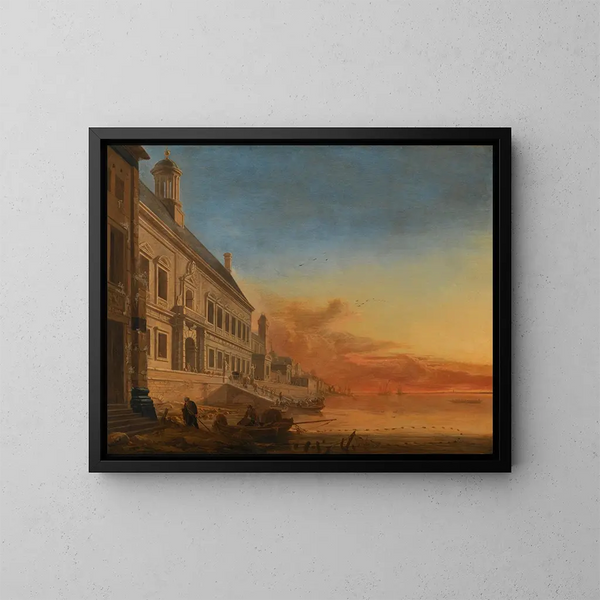 a coastal architectural caprice at sunset - Gerard Houckgeest — framed artwork on a wall