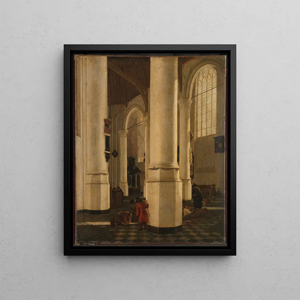 Interior painting of the Oude Kerk in Delft with the tomb of Vice Admiral Pieter Pietersz Heijn - Gerard Houckgeest — framed artwork on a wall