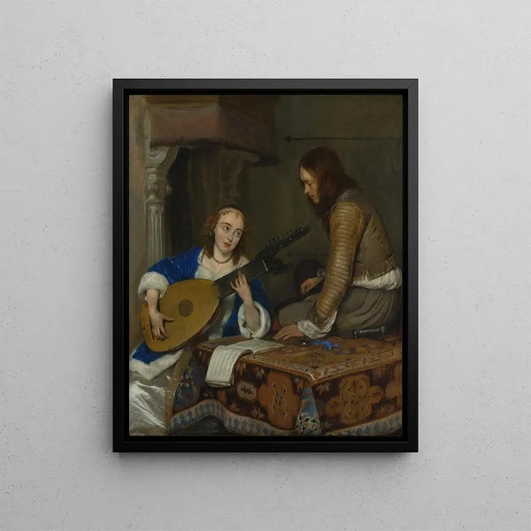 a woman playing the theorbo-lute and a rider - Gerard ter Borch — framed artwork on a wall