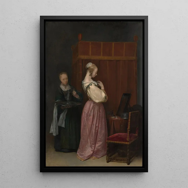 A young woman at her toilette with a maid - Gerard ter Borch — framed artwork on a wall