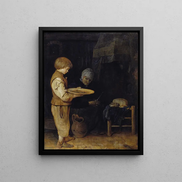 a old woman and a boy sharing a modest meal - Gerard ter Borch — framed artwork on a wall