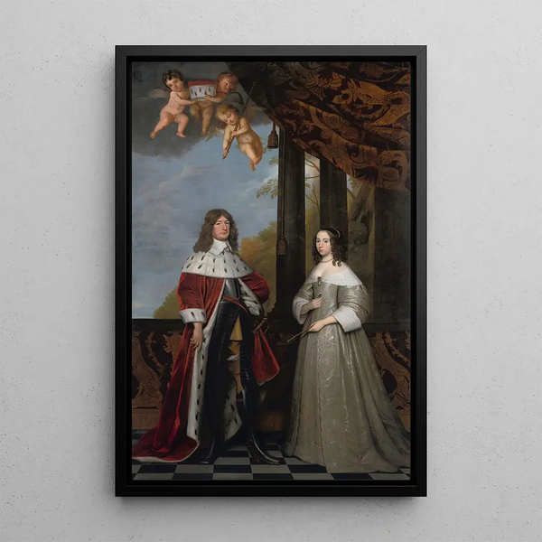 Portrait painting of Friedrich Wilhelm, Elector of Brandenburg, and his wife Louise Henriette, Countess of Orange-Nassau - Gerard van Honthorst — framed artwork on a wall