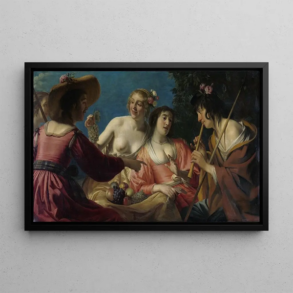 Berger playing the flute and four shepherdesses - Gerard van Honthorst — framed artwork on a wall