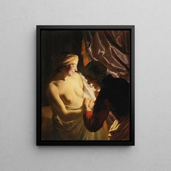 The flea hunt - Gerard van Honthorst — framed artwork on a wall