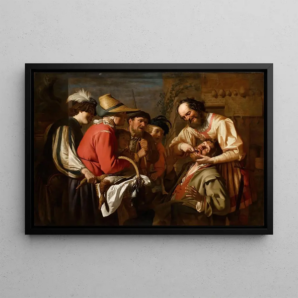The Tooth Puller - Gerard van Honthorst — framed artwork on a wall