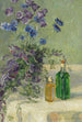 Still life with blue flowers and two bottles on a table - Gerda Wegener — artwork view