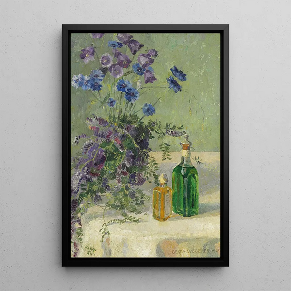 Still life with blue flowers and two bottles on a table - Gerda Wegener — framed artwork on a wall