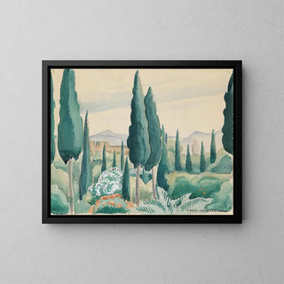 View of a Moroccan landscape with pines in the foreground - Gerda Wegener — framed artwork on a wall