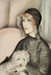 Young lady with black cloche hat and small white dog - Gerda Wegener — artwork view
