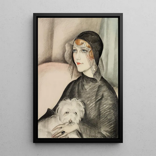 Young lady with black cloche hat and small white dog - Gerda Wegener — framed artwork on a wall