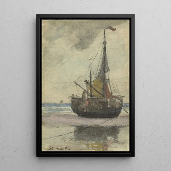 Bateau de pêche sur la plage avec voile réduite - Gerhard Munthe — framed artwork on a wall