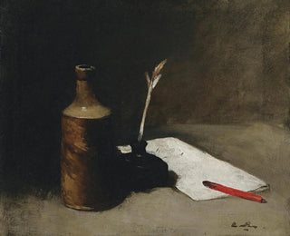 Still life with bottle, inkwell and letter - Germain Théodore Ribot — artwork view