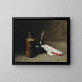 Still life with bottle, inkwell and letter - Germain Théodore Ribot — framed artwork on a wall