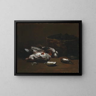 Still life with dead birds and a basket of oysters - Germain Théodore Ribot — framed artwork on a wall