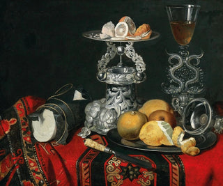 a Still life with a Venetian glass, a silver container, and lemons - German School — artwork view