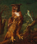 An owl and a blue tit sitting in a tree - German school — artwork view