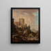 Shepherds watering their goats and cattle by the edge of a river with travelers crossing a bridge in front of a fortified town on a hill - German School — framed artwork on a wall