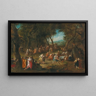 Landscape painting with elegant figures - German school — framed artwork on a wall